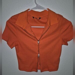 Orange Short Sleeve Zip-Up Sweater